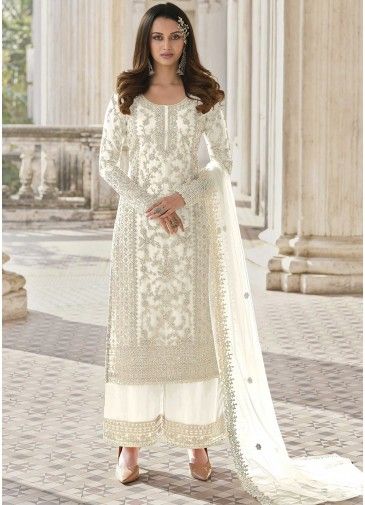Off White Embroidered Palazzo Suit In Net