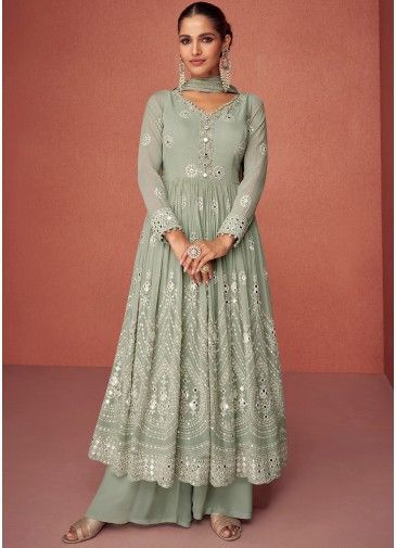 Green Embroidered Flared Style Palazzo Suit