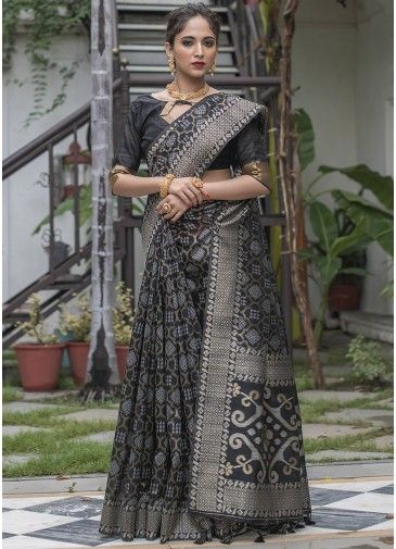 Black Zari Woven Saree With Tussar Silk Blouse