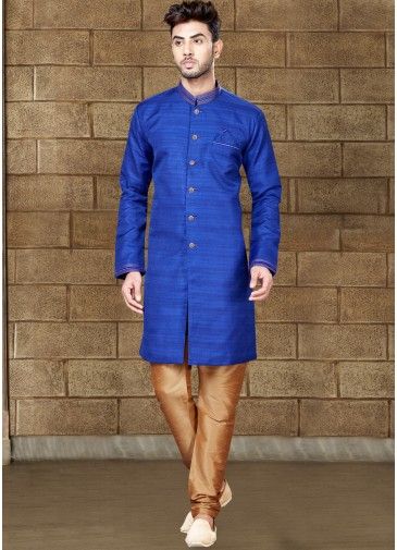 Readymade Blue Art Silk Sherwani with Churidar