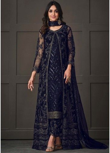 Blue Embroidered Net Jacket Style Suit Set