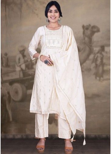 White Sequins Embroidered Readymade Pant Suit 