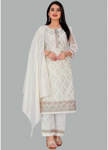 White Embroidered Readymade Chanderi Pant Suit 