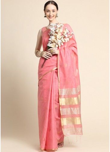 Pink Zari Woven Festive Saree With Blouse