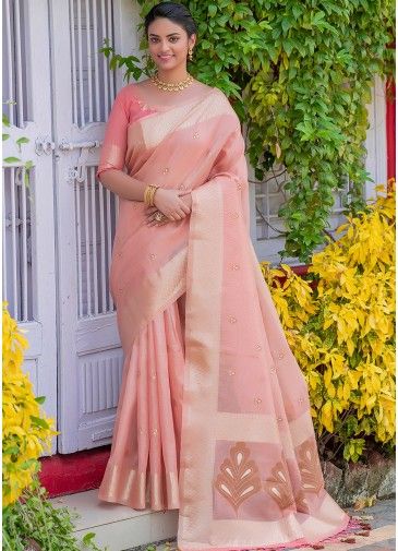 Pink Zari Woven Traditional Saree In Linen