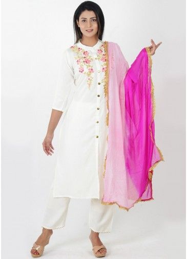 White Embroidered Rayon Suit Set