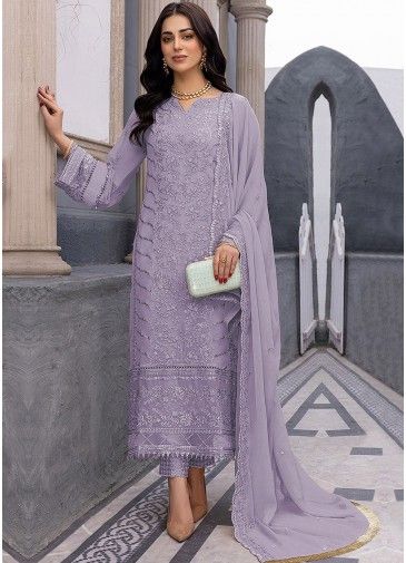 Purple Georgette Pant Suit In Resham Embroidery