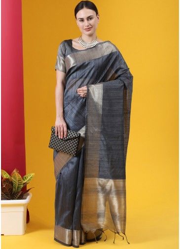 Grey Zari Woven Tussar Silk Saree With Blouse