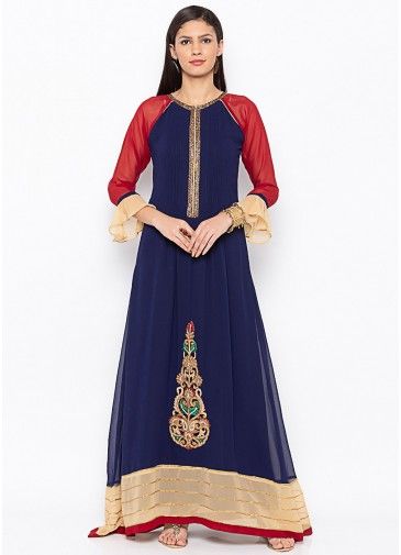 Blue Readymade Embroidered Kurta Set In Georgette