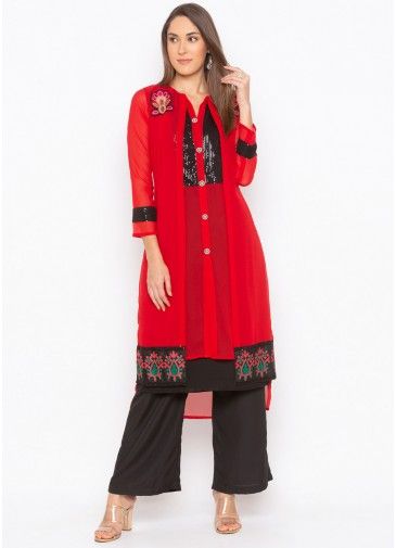 Readymade Red Embroidered Kurta Set In Georgette