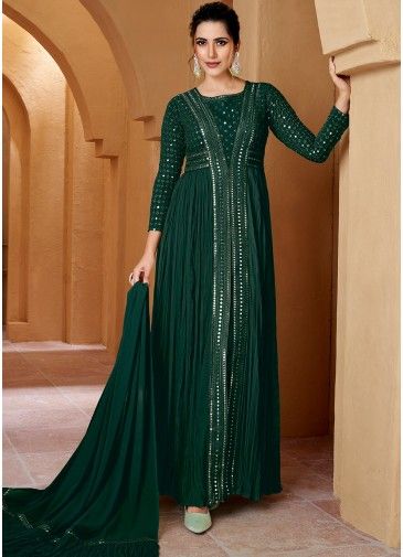 Green Thread Embroidered Slitted Pant Suit