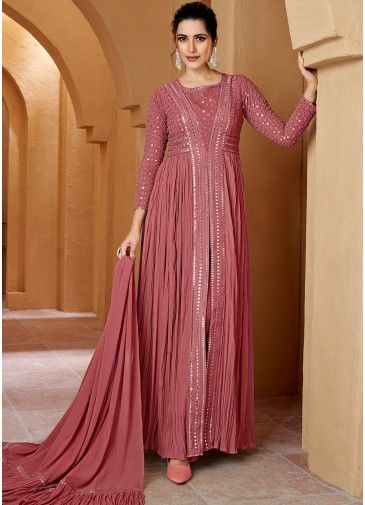 Pink Embroidered Slit Style Suit In Georgette