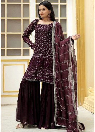 Wine Embroidered Readymade Sharara Suit In Georgette