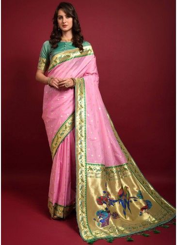 Pink Zari Woven Saree In Paithani Silk