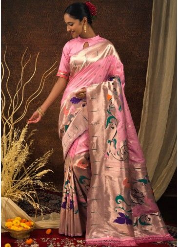 Pink Zari Woven Saree In Art Paithani Silk
