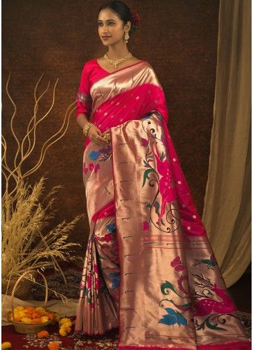 Pink Festive Zari Woven Saree In Art Paithani Silk