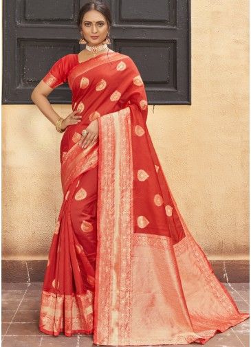 Red Zari Woven Saree in Art Silk
