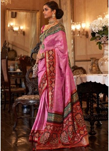 Pink Bandhani Printed Saree In Patola Silk