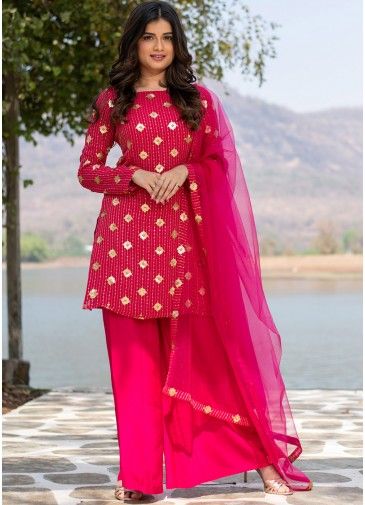 Pink Readymade Sequins Embellished Palazzo Suit