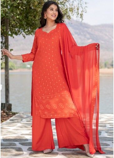 Readymade Orange Embroidered Palazzo Suit