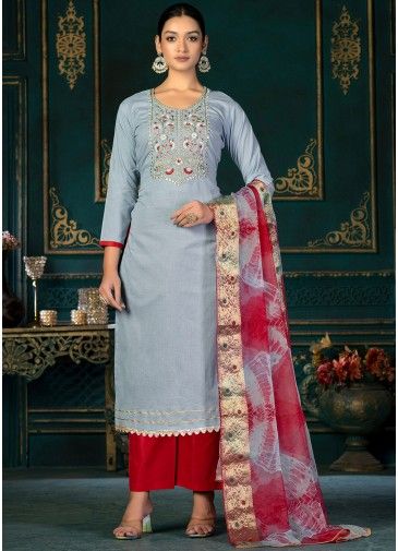 Grey Embroidered Pant Suit With Tie Dye Dupatta