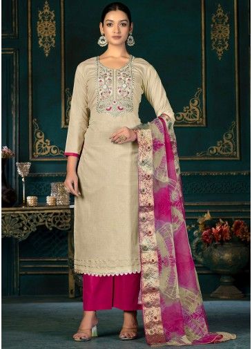 Beige Embroidered Pant Suit Set In Cotton