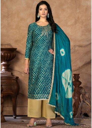 Blue Embroidered Palazzo Suit Set In Cotton