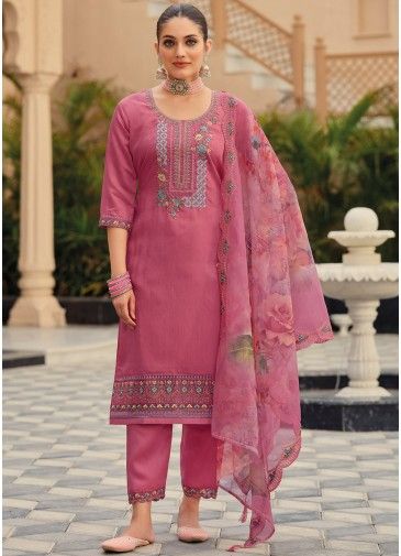 Pink Readymade Embroidered Pant Suit In Silk