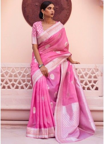 Pink Linen Zari Woven Saree