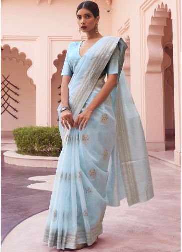 Blue Classic Style Woven Linen Saree