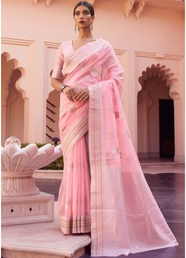 Pink Woven Border Linen Saree