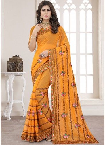 Yellow Embroidered Shimmer Saree With Blouse