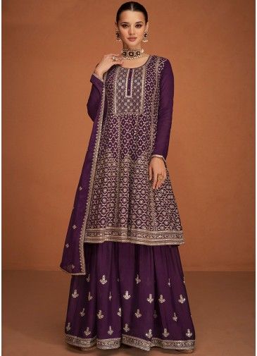 Purple Embroidered Palazzo Suit Set 