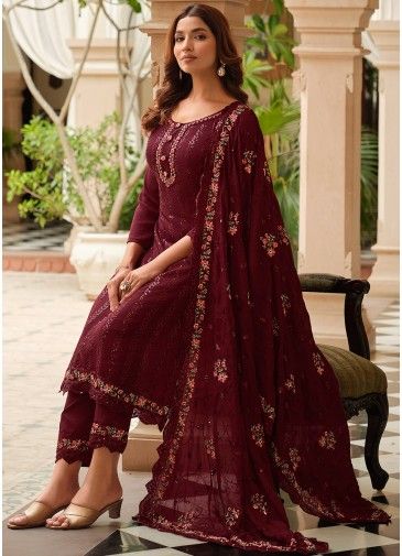 Readymade Maroon Embroidered Pant Style Suit