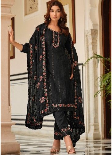 Readymade Black Pant Style Suit In Thread Work