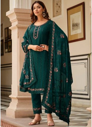 Readymade Teal Green Embroidered Pant Style Suit