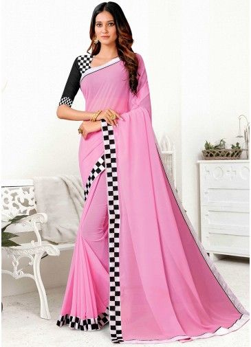 Pink Checked Border Saree In Georgette