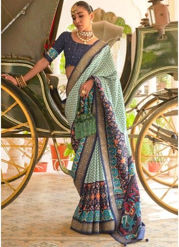 Off White & Blue Printed Saree In Patola