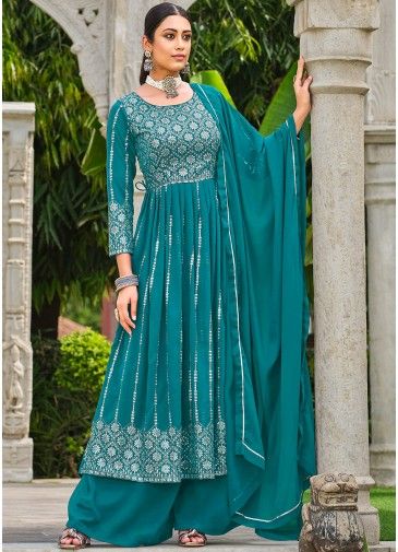 Blue Embroidered Suit Set In Georgette