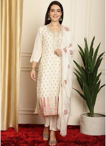 White Silk Pant Suit In Dori Embroidery
