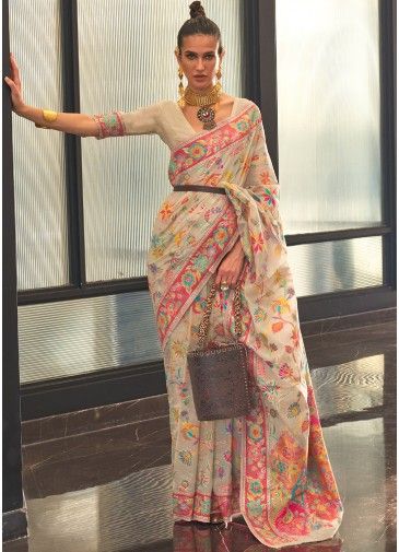 Cream Traditional Saree In Woven Work