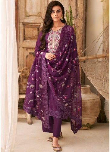 Purple Embroidered Palazzo Suit In Art Silk