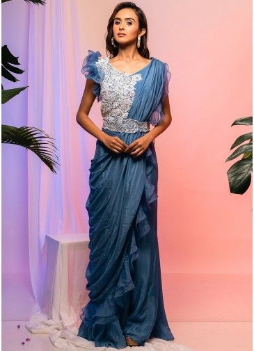 Blue Embroidered Top Palazzo With Draped Dupatta