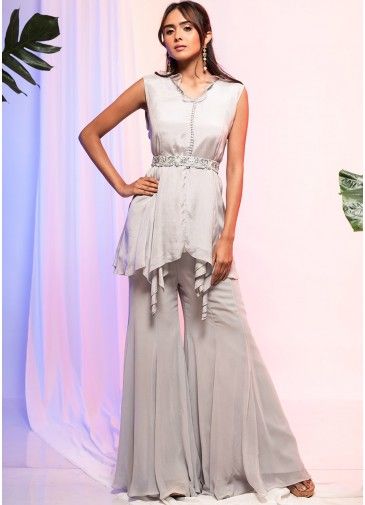 Grey Readymade Embroidered Asymmetric Top & Palazzo