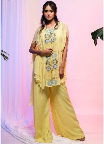 Yellow Embroidered Cape Style Palazzo Set