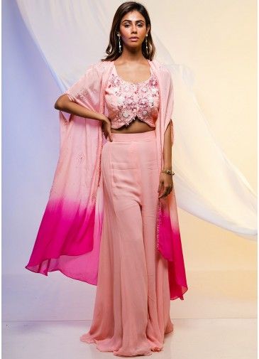 Pink Embroidered Cape Jacket Style Top And Palazzo