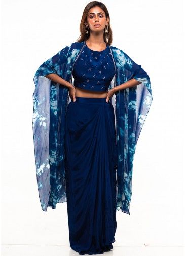 Blue Embroidered Cape Style Draped Skirt Set