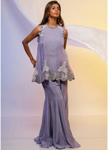 Purple Embroidered Top & Palazzo Set In Organza
