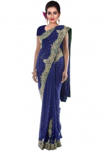 Blue Embroidered Saree In Georgette