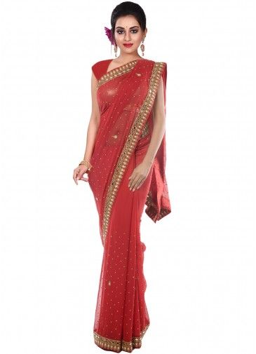 Red Georgette Saree In Thread Embroidery